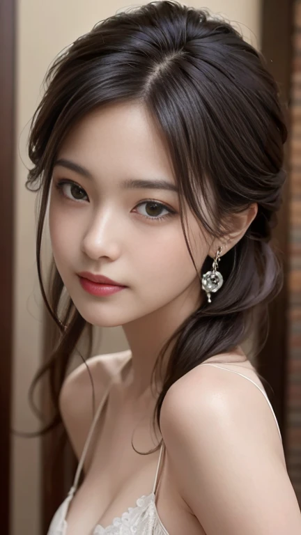 masterpiece,(photo realistic),extremely detailed photo realistic wallpaper,best quality,Amazing,solo,cinematic lighting,detailed eyes,realistic eyes,bright pupils,detailed clothes,1girl,make_up,earrings,smile,(black hair:1.3),bangs,hair_undone,hair_over_shoulder,looking at viwer,see through babydoll,pantylines