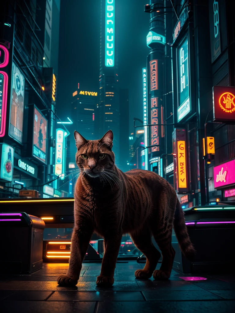 A close-up picture of a big brown cat in the futuristic cyberpunk neon tron world, cyberpunk city landscape, detailed intricate architecture, glowing neon lights, dramatic lighting, moody atmosphere, cinematic composition, vibrant colors, 8k, photorealistic, masterpiece, hyper detailed, intricate details
