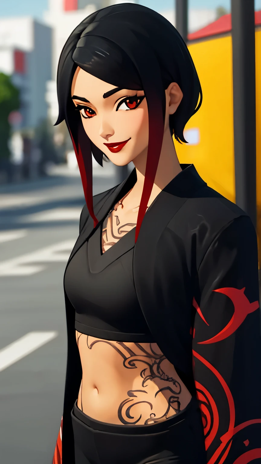 City background:1.2, 1girl, SierraFN, black hair, red hair, two-tone hair, short hair, multicolored hair, red eyes, (black eyeshadow1:1), (speed lines:1.1), tattoos, navel, kimono, black kimono, open kimono, covor shoulder, black crop top, black pants, red lips, smile, looking at viewer, facing viewer, upper body,