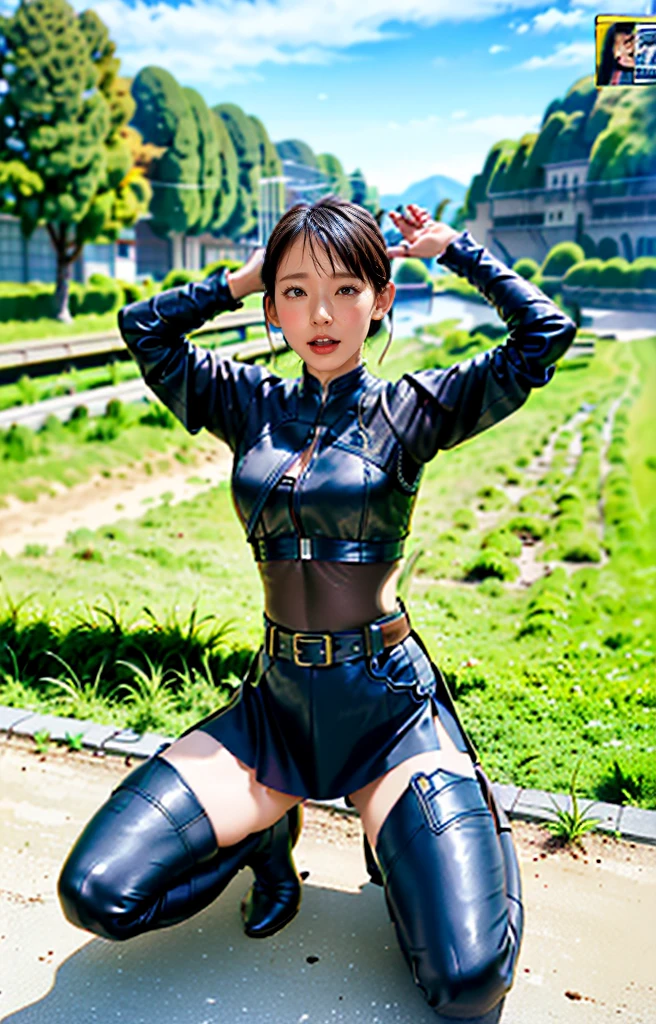 Official Art、Highly detailed CG Unity 8k wallpaper、Highest quality、masterpiece、High resolution、Beautiful Ninja Girl、short hair、Black Crop Top Leather Armor、Tea belt、Thigh Sheath、Japanese sword、Leather handbags、Black Mini Leather Skirt、Black above-the-knee flat boots、Tight leather suit、Leather texture、Full body photo、Lying on the ground、Spread your legs、(((Background is a prison、Surrounded by tentacles、Tentacles groping her chest、Tentacles wrap around chest、the body is bound by many tentacles、Arms entwined with tentacles、legs with tentacles,,、Tentacles wrapped around the body、Tentacles wrapped around the body、Caught by tentacles、Tentacles crawling over the body、Kneel、Kneel weakly)))、Light Skin、(((pain、Expression of pain、suffering、suffering、Panic look、Open your mouth and scream、Annoyed expression、彼の顔にはAnnoyed expressionが浮かんでいた、Get help)))、