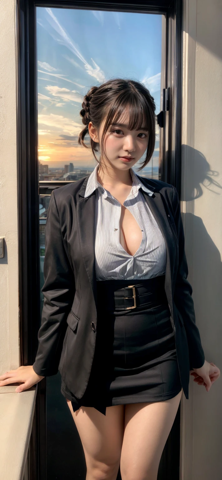 (4K, 8K, best quality, A high resolution, tmasterpiece:2), (actual, realistic, Photorealistic2), (ultra - detailed, masterpiece, best quality, High detail), Beautiful detailed girl, ((standing)), hazy beauty, very detailed facial, detailed skin structure, fair skin, perfect anatomy, ((perfect body)), Beautiful detailed whole body, lovely lips, detailed lip, (breasts beautiful, big breasts enchanting), ((cleavage)), (detailed eyes, soulful eyes, realistic eyes, beautiful and clear eyes), (close eyes:1.1), shiny color hair, ((bouffant curled bun Short hair)), ((Smile:0.8)), (Enchanted expression), (Alluring), (seductive look), (Enchanted), ((slim waist)), long leg, high heel, (detailed discreet shirt, dark red jacket and black skirt), head gear, necklace, earring, ((view over city, midnight)), (night scene), physically-based rendering, wear glasses, ((full body)), (((looking at viewer)))