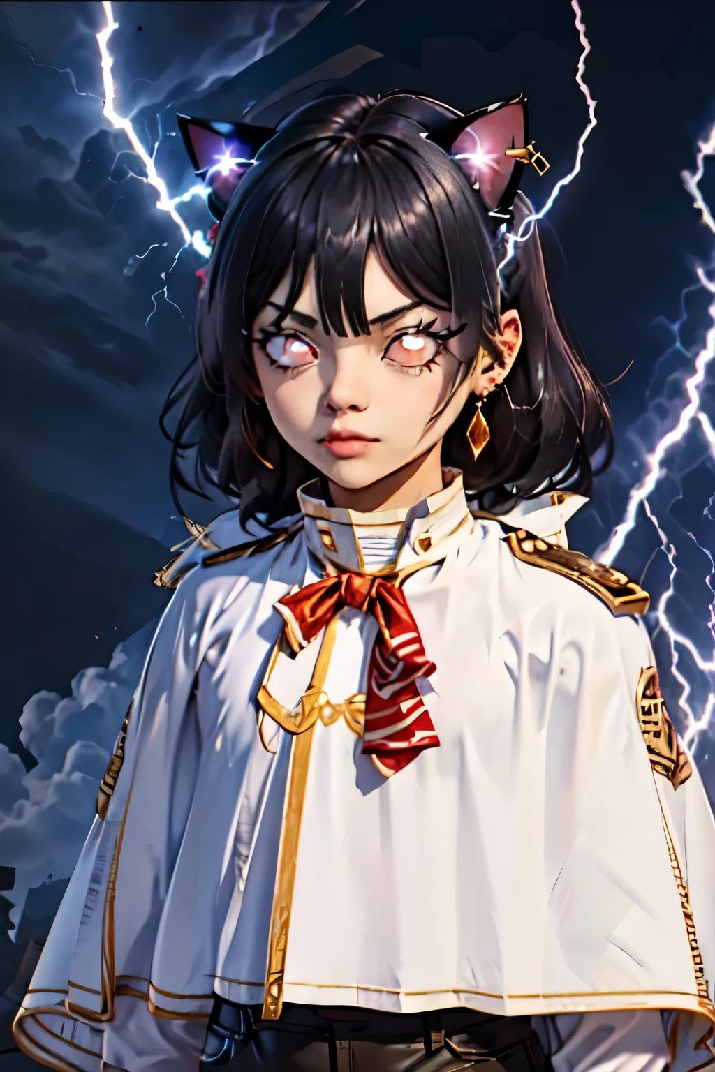 Increases more slowly, electricity, Lightning, congelarbase, junkotvv, black hair, cat ears, red eyes, Earrings, white capelet, striped shirt, bright eyes,