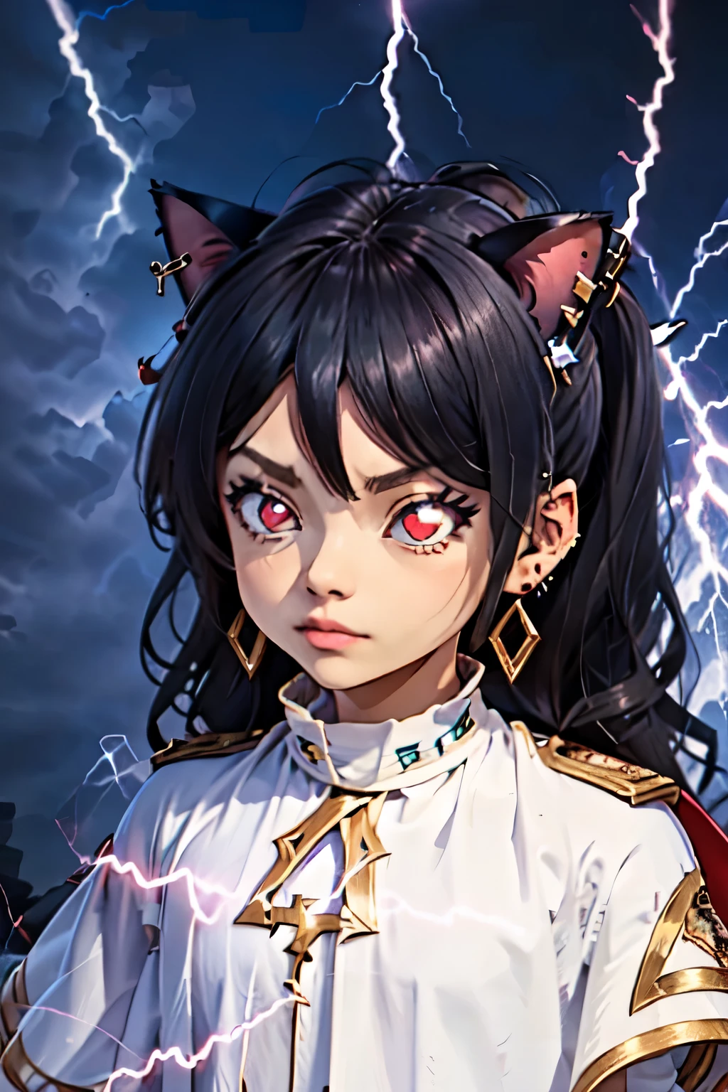 Increases more slowly, electricity, Lightning, congelarbase, junkotvv, black hair, cat ears, red eyes, Earrings, white capelet, striped shirt, bright eyes,