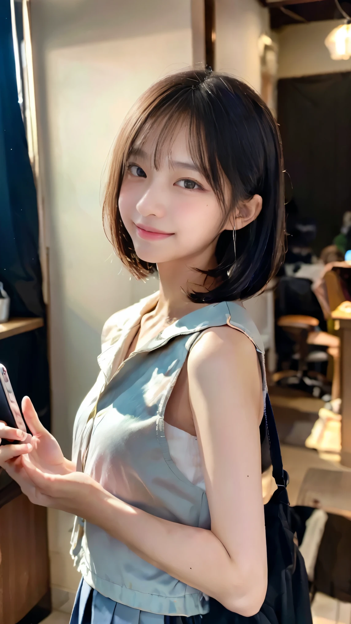 A young woman is standing in a bright public place and smiling、Wearing a uniform。Her hair is long、The bangs are cut straight、She has red ribbons on both sides of her hair。The woman is wearing a white shirt and a black vest、And he&#39;s wearing a red and black checked tie.。The skirt is also checkered.、The colours are mainly red and brown.。

Her face is bright、Creates a sense of familiarity。In the background, you can see the interior of a public facility such as a train station.、There are various signs and directions posted.。There are other people around々Moori、Everyday scenes are depicted。

The women are dressed in uniforms that combine a casual and formal atmosphere.、Overall it is clean.、It gives a sophisticated impression。