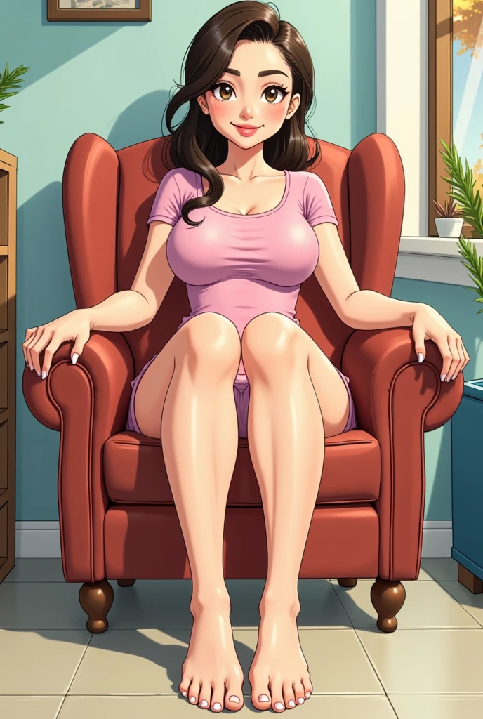 Comic style of A woman sitting on a chair showing her feet, feet up, feet focus, small waist 