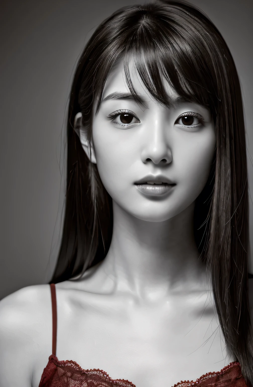 Masterpiece, Best Quality, Photorealsitic, Ultra-detailed, finely detail, high resolution, 8k wallpaper, Professional, high level of detail, ((monochrome photo)), 1girl in, Skinny Japanese woman, ((Facing the front)), ((Only lips are in Red)), Detailed clavicle, face perfect, straight hair, (look straight at a camera)