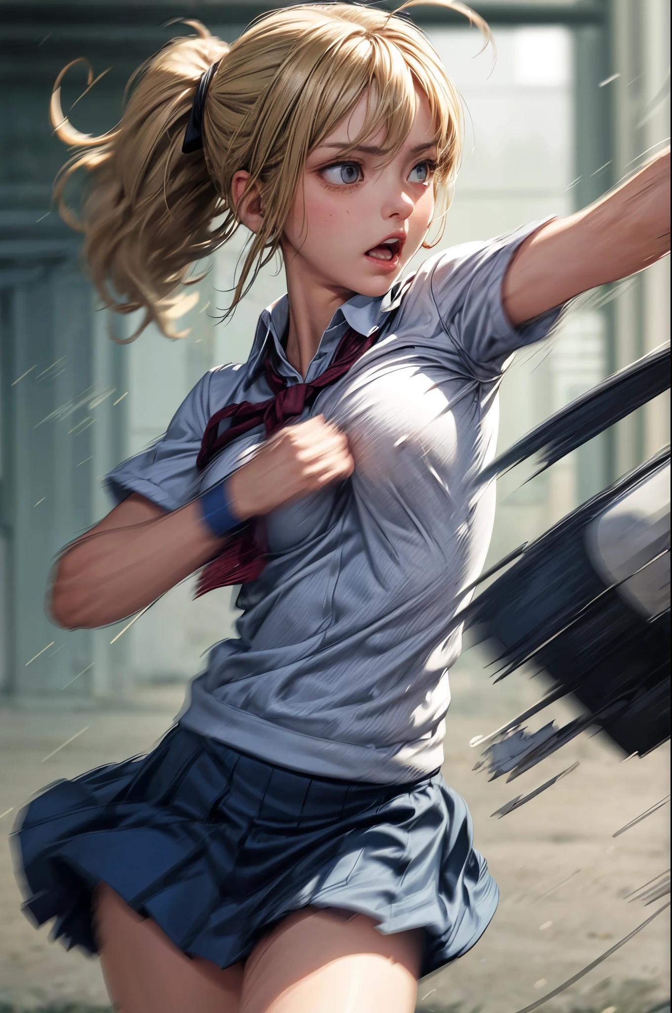 solo,((a jk girl punching viewer by bare fist)),1girl\(cute, kawaii,small kid,hair floating,messy hair,blonde hair,long hair,messy hair,((pony tail hair)),skin color white,eye color blue,eyes shining,big eyes,breast,angry face,punching viewer by her fist,dynamic pose,sweat,((high school uniform))\), BREAK ,hand\((motion blur:2.0)\),background\(school\),motion blur, BREAK ,quality\(masterpiece, best quality,8k,wallpaper of extremely detailed CG unit, high resolution, top-quality, top-quality real texture skin, hyper realistic, increase the resolution, RAW photos, best quality, highly detailed, the wallpaper,golden ratio\),Perfect hand,(close up girl),looking at viewer,(dynamic angle:1.3)