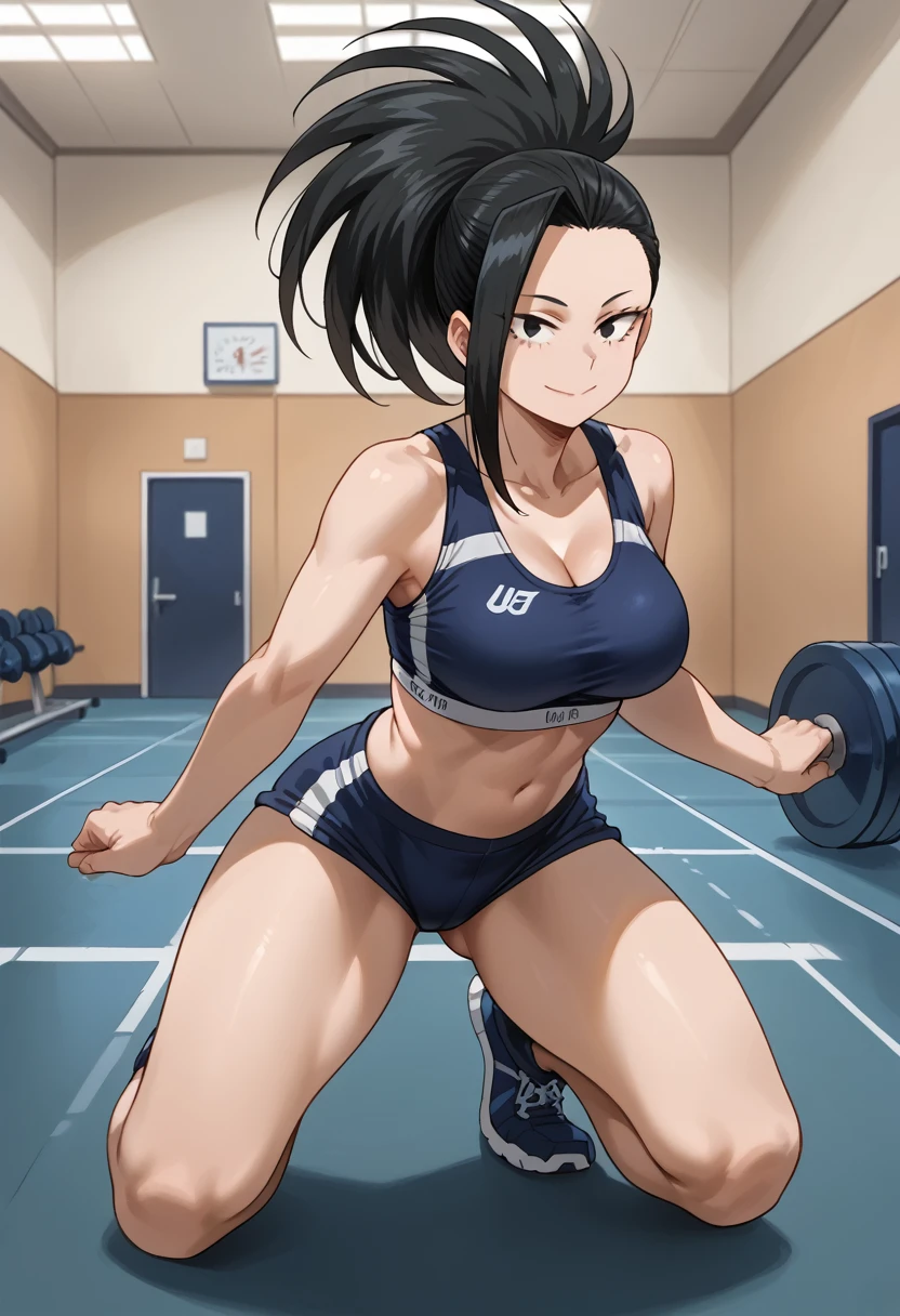 1girl, yaoyorozumomo, My Hero Academia, ((masterpiece)), (best quality), (highres),16K, black eyes, black hair, ponytail, long hair, hair pulled back, wearing sports bra, wearing black panties, busty body, large breasts and a beautiful ass, showcasing cleavage, legs, hips, looking at viewer, smile, detailed full body, gymnasium background