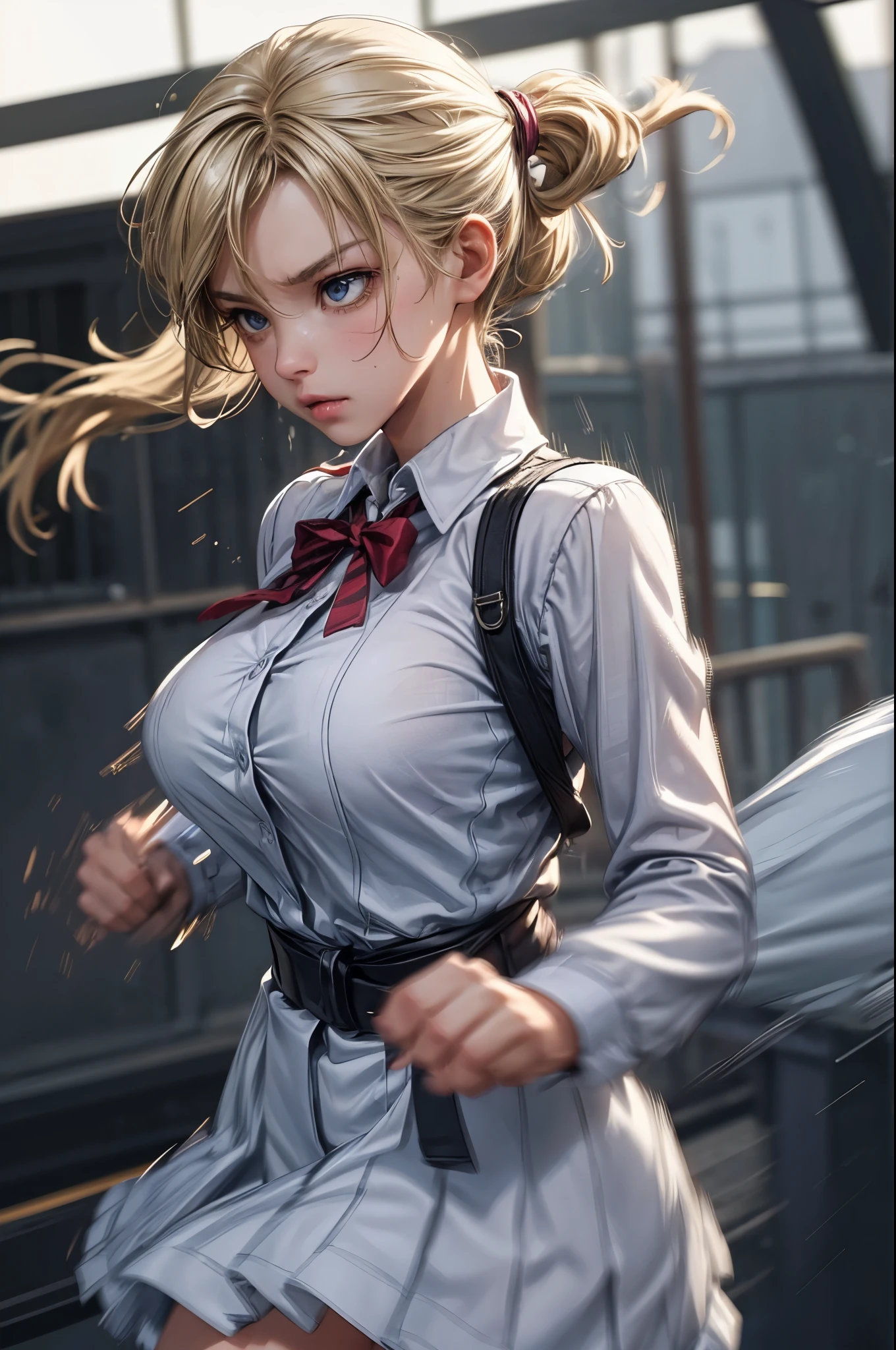 solo,((a jk girl punching viewer by bare fist)),1girl\(cute, kawaii,small kid,hair floating,messy hair,blonde hair,long hair,messy hair,pony tail hair,skin color white,eye color blue,eyes shining,big eyes,breast,angry face,punching viewer by her fist,dynamic pose,sweat,((high school uniform))\), BREAK ,hand\((motion blur:2.0)\),background\(school\),motion blur, BREAK ,quality\(masterpiece, best quality,8k,wallpaper of extremely detailed CG unit, high resolution, top-quality, top-quality real texture skin, hyper realistic, increase the resolution, RAW photos, best quality, highly detailed, the wallpaper,golden ratio\),Perfect hand,close up girl,looking at viewer,(dynamic angle:1.3)