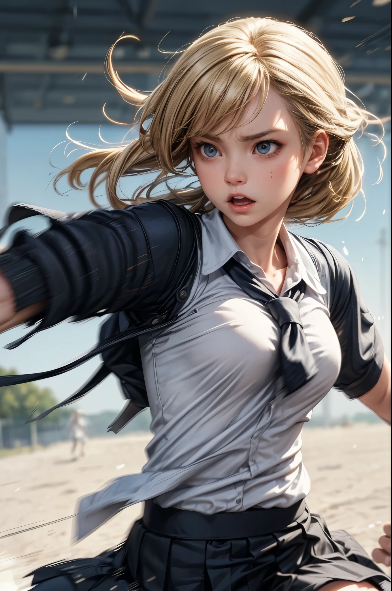 solo,((a jk girl punching viewer by bare fist)),1girl\(cute, kawaii,small kid,hair floating,messy hair,blonde hair,long hair,messy hair,pony tail hair,skin color white,eye color blue,eyes shining,big eyes,breast,angry face,punching viewer by her fist,dynamic pose,sweat,((high school uniform)), muscular\), BREAK ,hand\((motion blur:2.0)\),background\(school\),motion blur, BREAK ,quality\(masterpiece, best quality,8k,wallpaper of extremely detailed CG unit, high resolution, top-quality, top-quality real texture skin, hyper realistic, increase the resolution, RAW photos, best quality, highly detailed, the wallpaper,golden ratio\),Perfect hand,close up girl,looking at viewer,(dynamic angle:1.3)