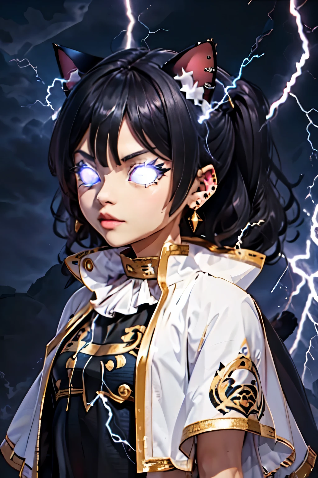 Increases more slowly, electricity, Lightning, congelarbase, junkotvv, black hair, cat ears, bright white eyes with glow, Earrings, black capelet, striped shirt, bright eyes,