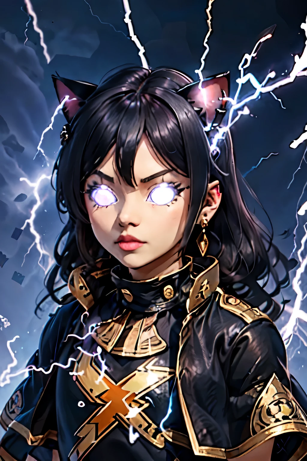 Increases more slowly, electricity, Lightning, congelarbase, junkotvv, black hair, cat ears, bright white eyes with glow, Earrings, black capelet, striped shirt, bright eyes,