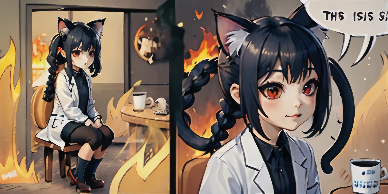 high quality, masterpiece, 1 girl (junkotvv), civitai-chan, braided bangs, lab coat, shirt, shirt tucked in, single vertical line, black skirt, Pencil skirt, socks, collar, IncrsThisIsFineMeme, Alone, Fire, cup, cat ears, black hair, red eyes