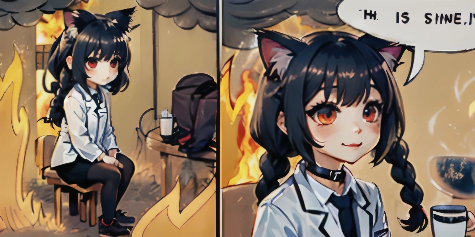 high quality, masterpiece, 1 girl (junkotvv), civitai-chan, braided bangs, lab coat, shirt, shirt tucked in, single vertical line, black skirt, Pencil skirt, socks, collar, IncrsThisIsFineMeme, Alone, Fire, cup, cat ears, black hair, red eyes