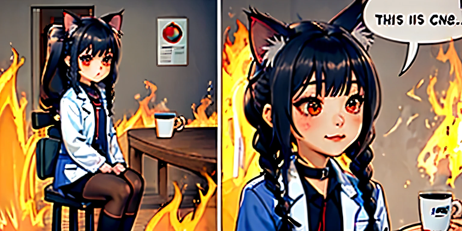 high quality, masterpiece, 1 girl (junkotvv), civitai-chan, braided bangs, lab coat, shirt, shirt tucked in, single vertical line, black skirt, Pencil skirt, socks, collar, IncrsThisIsFineMeme, Alone, Fire, cup, cat ears, black hair, red eyes