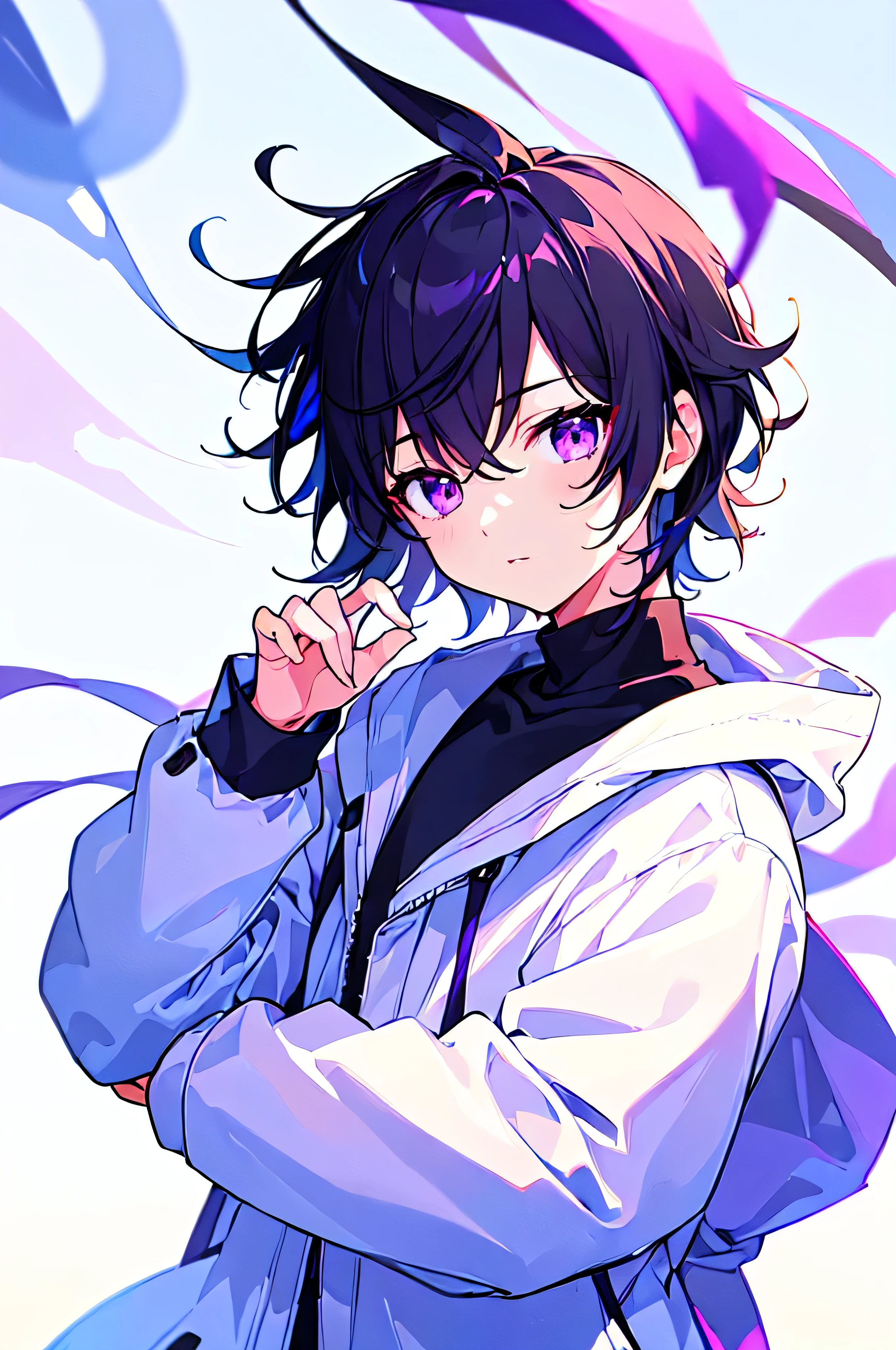 [(WHITE BACKGROUND:1.5),::5], ((((masterpiece)))), high quality, ultra very high resolution, full color, (((solo))), ((little boy)), men's Black Short hair, White streaked hair, (Purple eyes), anime, (upper body), Summer clothes, black parka,