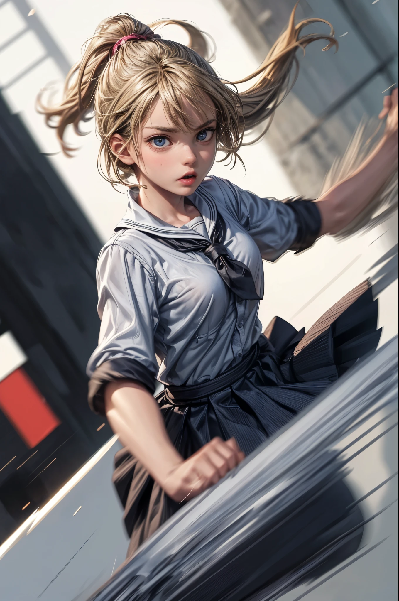 solo,((a jk girl punching viewer by bare fist)),1girl\(cute, kawaii,,hair floating,messy hair,blonde hair,long hair,messy hair,pony tail hair,skin color white,eye color blue,eyes shining,big eyes,breast,angry face,punching viewer by her fist,dynamic pose,sweat,((high school uniform)), muscular\), BREAK ,hand\((motion blur:2.0)\),background\(school\),motion blur, BREAK ,quality\(masterpiece, best quality,8k,wallpaper of extremely detailed CG unit, high resolution, top-quality, top-quality real texture skin, hyper realistic, increase the resolution, RAW photos, best quality, highly detailed, the wallpaper,golden ratio\),Perfect hand,close up girl,looking at viewer,(dynamic angle:1.3)