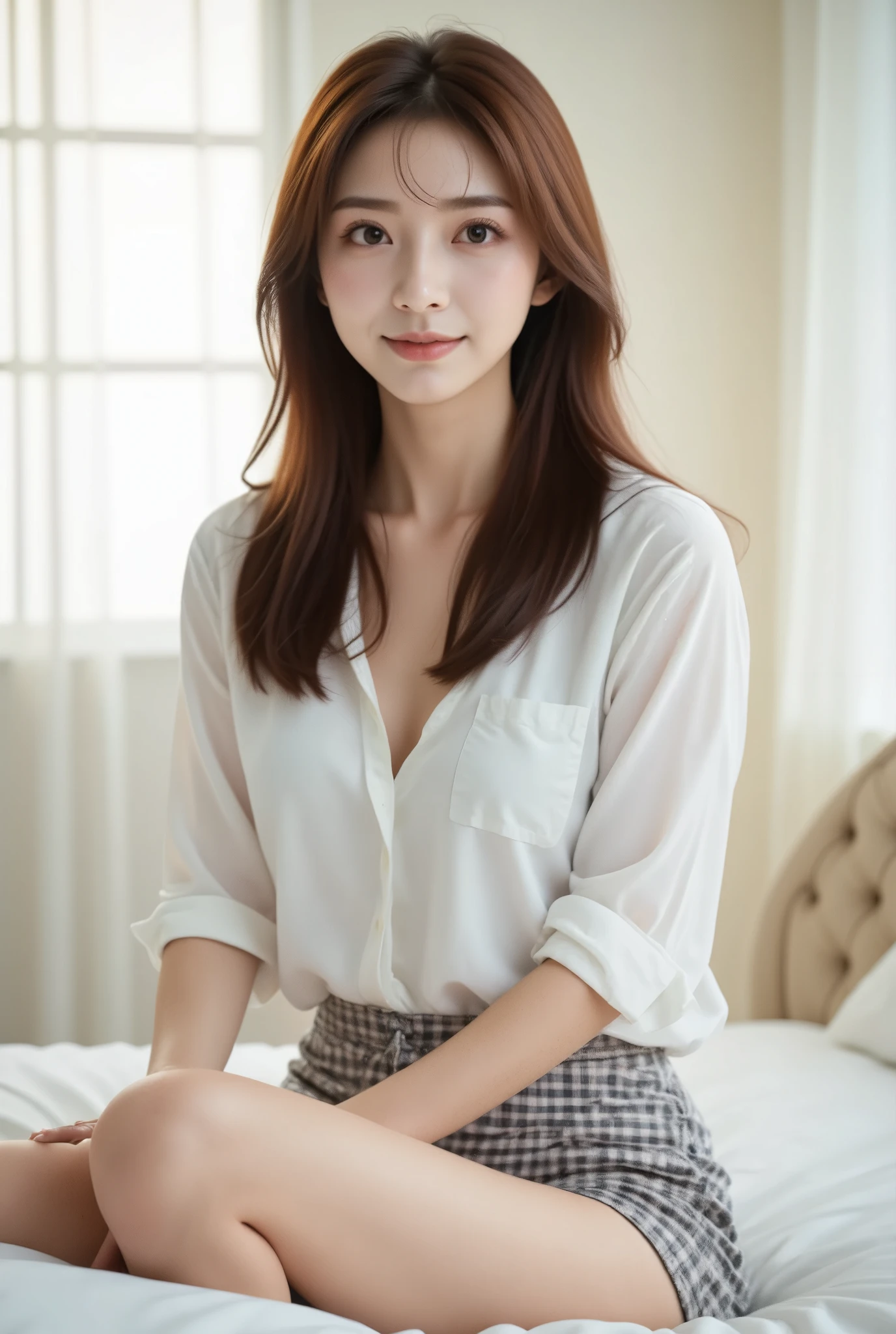 A young aisan woman sitting on a bed in a softly lit room, wearing a casual white blouse and checkered shorts, smiling warmly at the camera.