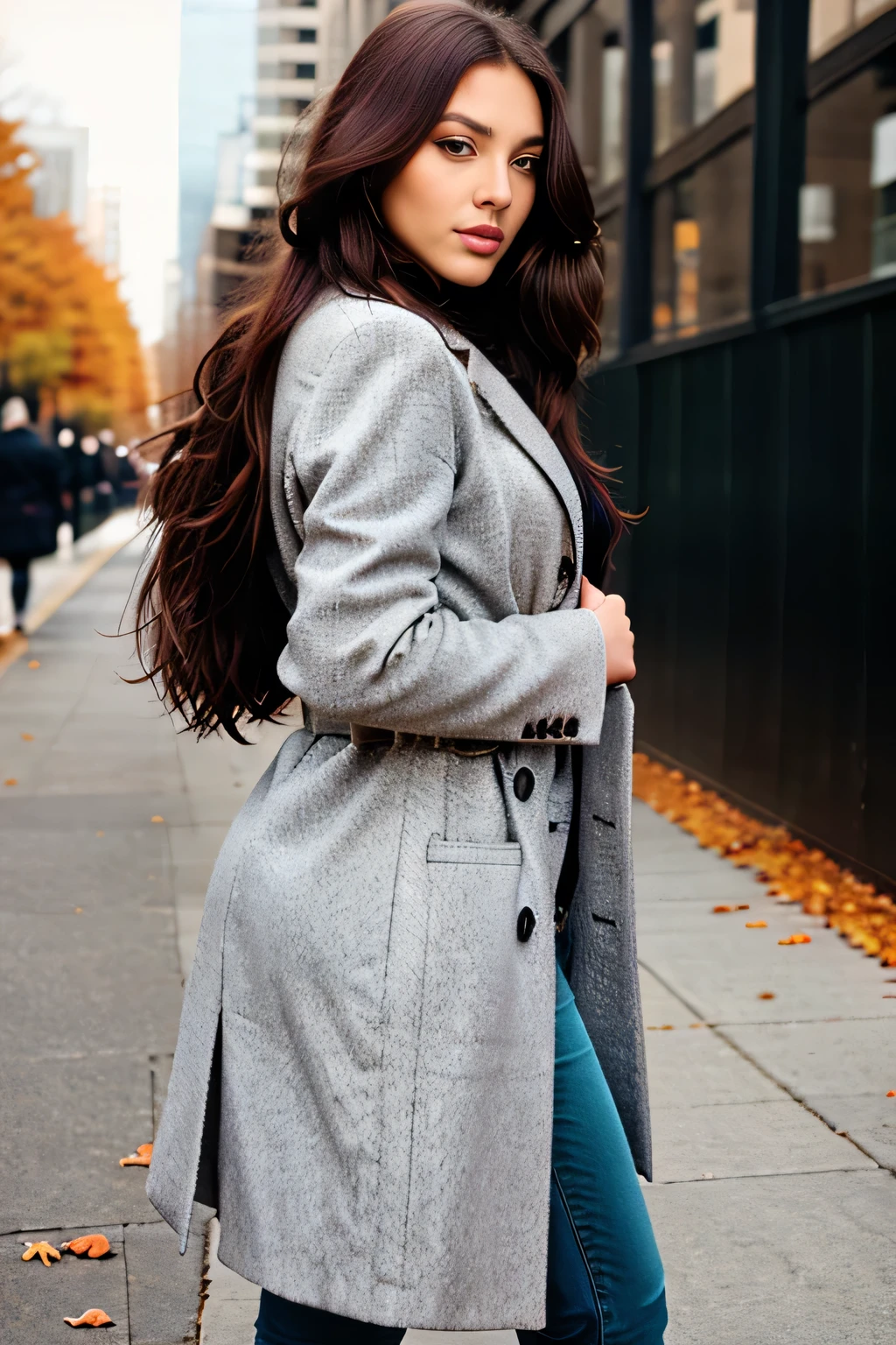 beautiful brunette, high resolution, Long Hair, anatomically correct, fashion, autumn coat