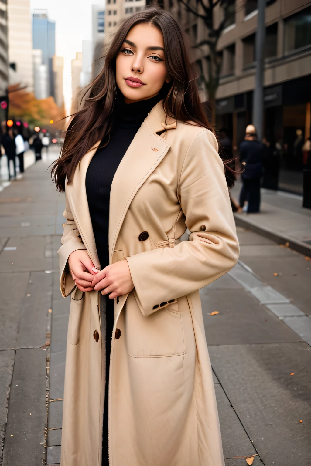 beautiful brunette, High resolution, Long Hair, anatomically correct, fashion, beige autumn coat