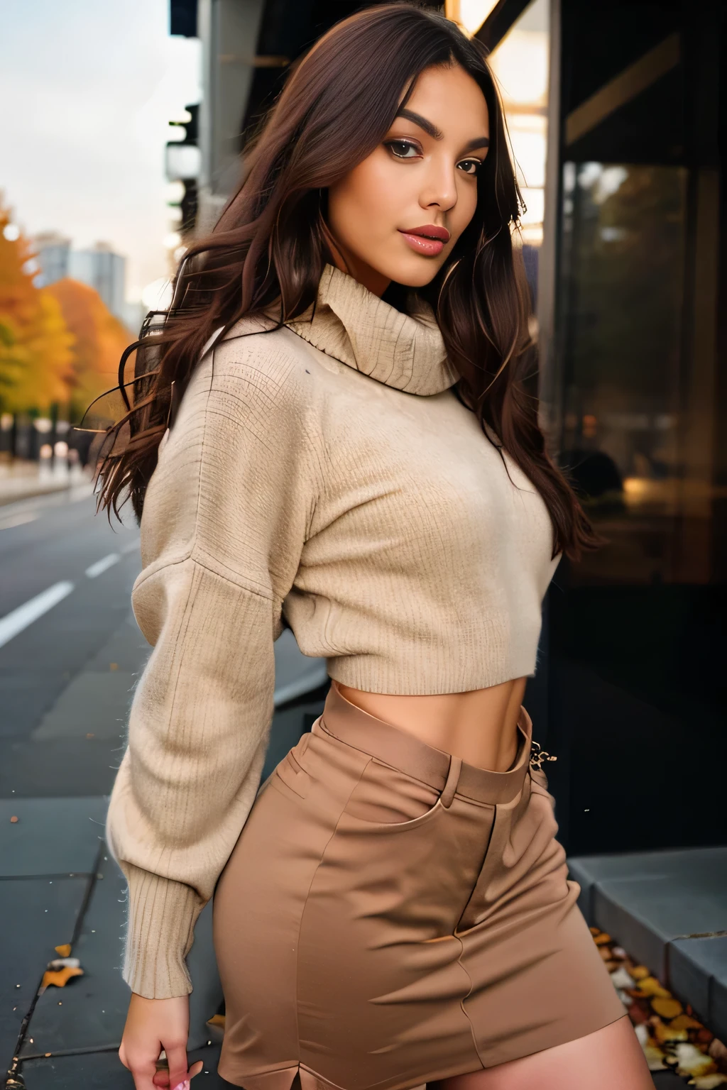 beautiful brunette, High resolution, Long Hair, anatomically correct, fashion, autumn, pulover beige