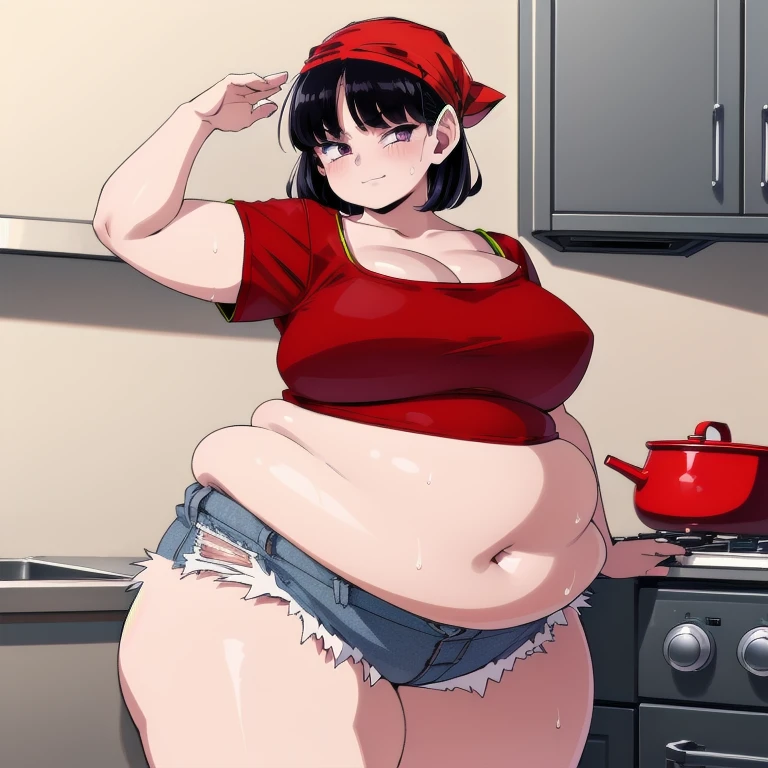 Black hair purple bandana 1 girl,  age 14 years red shirt short sleeves low cut medium breasts hands up you can see her armpits and navel, She is wearing short shorts covered in a lot of sweat in a kitchen setting Looking at the viewer, High resolution, masterpiece, detail, HD Model, bbw, plump, large belly, large breasts, large thighs, love handles, wide hips, weight gain, ((detailed shading)), ((beautiful render art)), ((intricate details)),