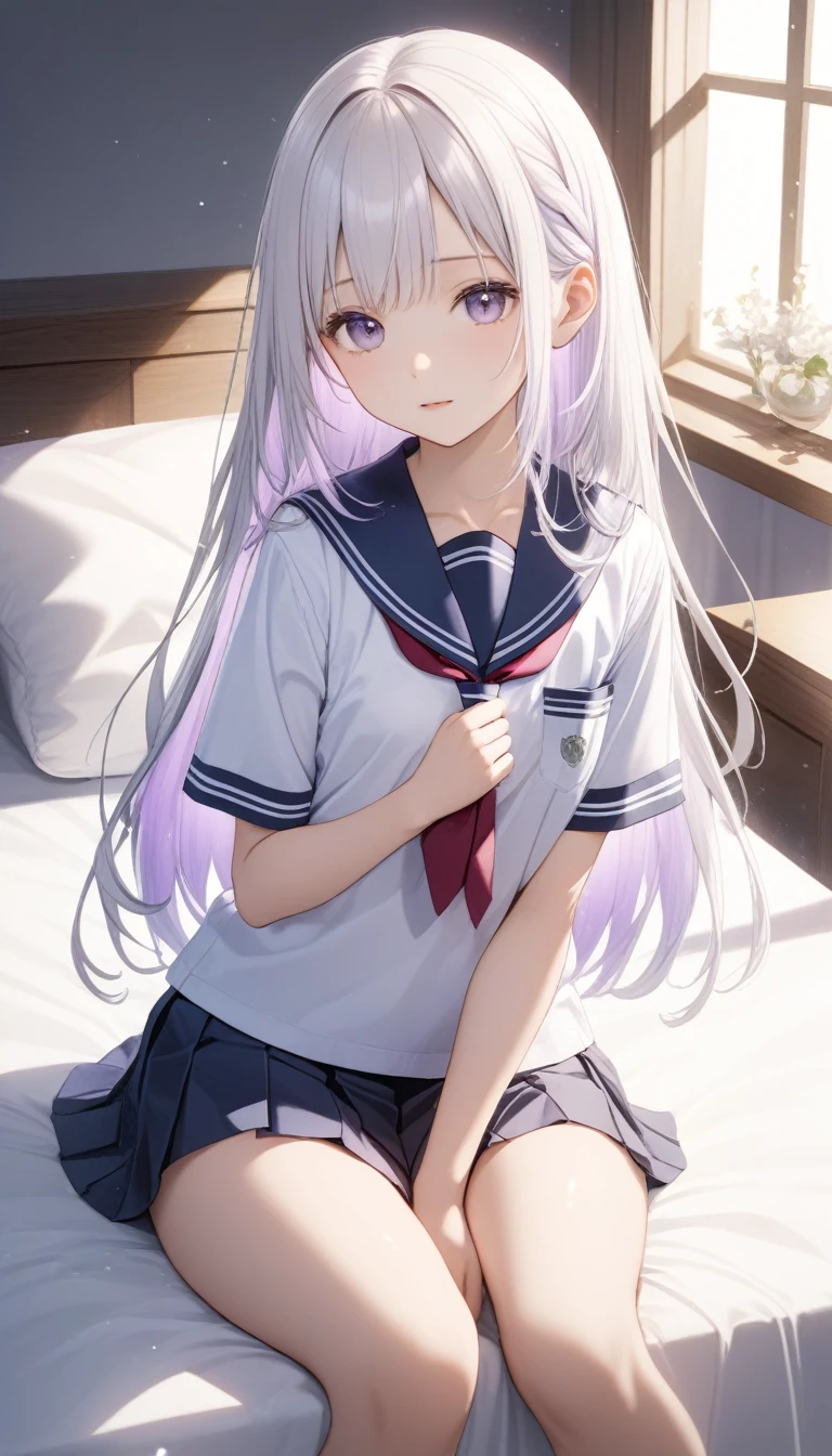 stick out butt:1.3.back view:1.8sorakasugano, sora kasugano, ahoge, (black eyes:1.5), hair between eyes, hair ribbon, long hair, twintails, black ribbon, white hair,Big tits (flat chest:1.2), BREAK porn, lure,Show your breasts, Lace bra, loafers, long sleeves, miniskirt, pantyhose, sailor collar, serafuku, , white sailor collar, white serafuku, BREAK looking at viewer,sleep position BREAK indoors, bed room, BREAK (masterpiece:1.2), best quality, high resolution, unity 8k wallpaper, (illustration:0.8), (beautiful detailed eyes:1.6), extremely detailed face, perfect lighting, extremely detailed CG, (perfect hands, perfect anatomy),


