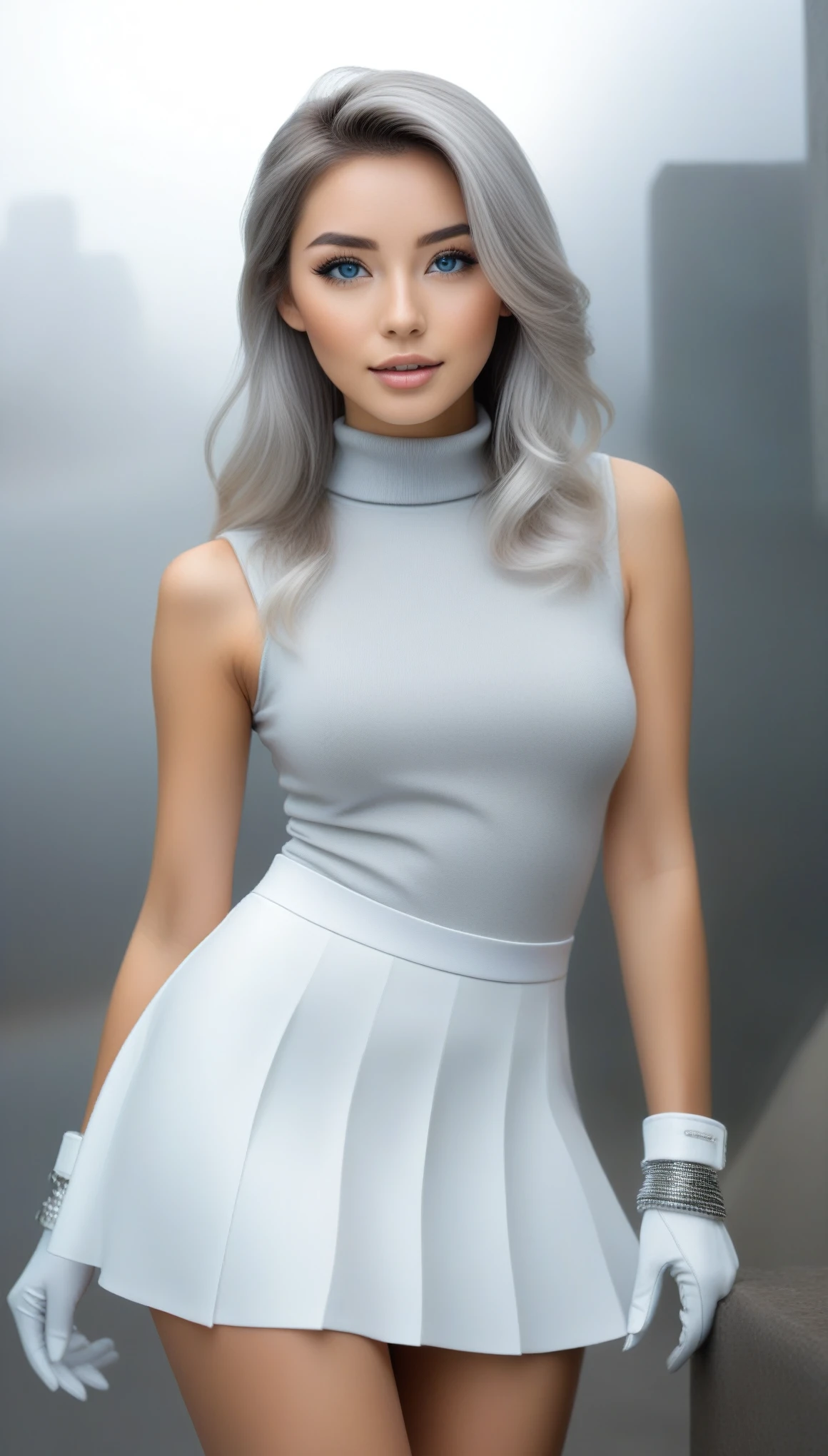 masterpiece, (Best Quality, perfect Detailed:1.5), Realistic, all body shot, 
BREAK 
beautiful Pretty and cute Japanese luna Girl, ig model, render of april, (all body shot:1.4), standing,

BREAK 
(Detailed wear, all body wear),
(sleeveless high-neck knit one-piece dress:1.4), (emphasis on body contour:1.2), (white theme:1.4), (silver metallic thread embellishments:1.3), (silver statement necklace:1.3), (silver cuff bracelets:1.3), (silver hoop earrings:1.3), (silver anklet:1.3), (white futuristic sunglasses with silver frames:1.3), (white leather gloves:1.3), (skirt hem held by hand:1.3), (high-tech thick-soled high-top sneakers:1.4), (white theme:1.2), (silver details:1.2), arranged gray hair,

BREAK 
(Detailed medium breasts, Detailed bodyline, Detailed legs and calves), (hyper slim waist, medium breasts, medium buttocks, beautiful sexy legs:1.2), White and beautiful Silky skin, arranged gray hair, small head,

BREAK small head, Detailed face, cute and Pretty slim face, Duck mouth, perfect beautiful Tooth, blue eyes, half open eyes, shiny eyes, looking viewer, 
in a concrete, fog, mist, 