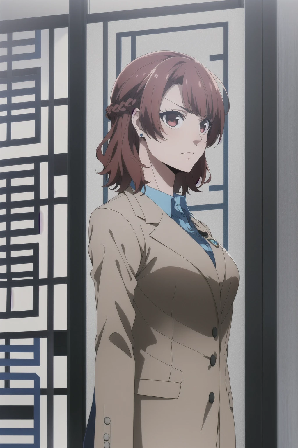 (masterpiece), (Best Quality), starters, One girl, Alone, chest, short_hair, 前hair, brown_hair, shirt, red_eye, brown_eye, jewelry, closure_mouth, jacket, upper_body, Braiding, red_hair, Earrings, collared_shirt, indoor, hair_good, V-shaped_Eyebrow, window, formal, blazer, suit, green_shirt, French_Braiding, brown_jacket