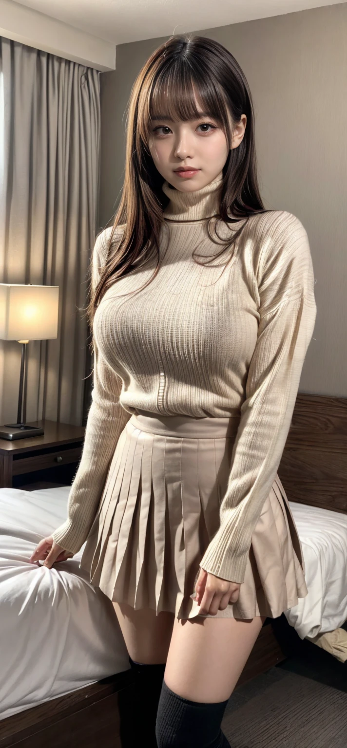 masterpiece, best quality, illustration, Super detailed, fine details, High resolution, 8K,wall paper, perfect dynamic composition,(Details High quality, realistic depiction of eyes:1.3), short hair, (wavy hair:1.2), Tight turtleneck pink sweater, pleated skirt, pony tail hair, huge breasts, black hair color, Big Natural Color Lip, bold sexy pose, crying a little、Harajuku style、20 year old girl、cute type、lolita、beautiful legs, hotel room, full body photo、focus on crotch, hposing Gravure Idol, Sexy shot looking at camera, Sunset, by the window, Summer, knee sox, make up, Curve