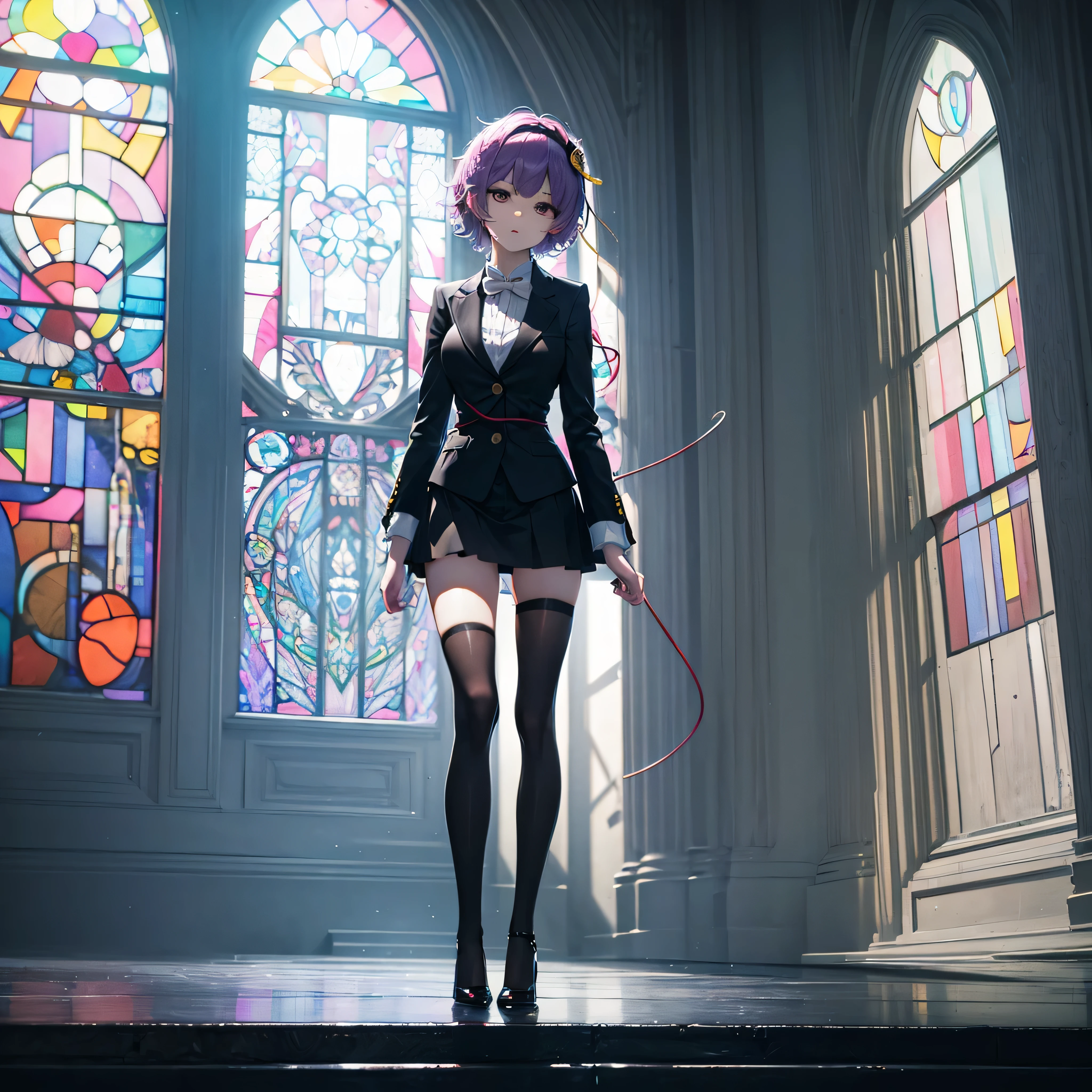 (Satori toho character standing alone), (solo), stained glass, BREAK, short hair, large breasts, swaying back, (inconceivably narrow skinny waist), very long legs, BREAK, (black blazer:1.2), (black thighhighs:1.2), very short black skirt, (thigh gap), highheels