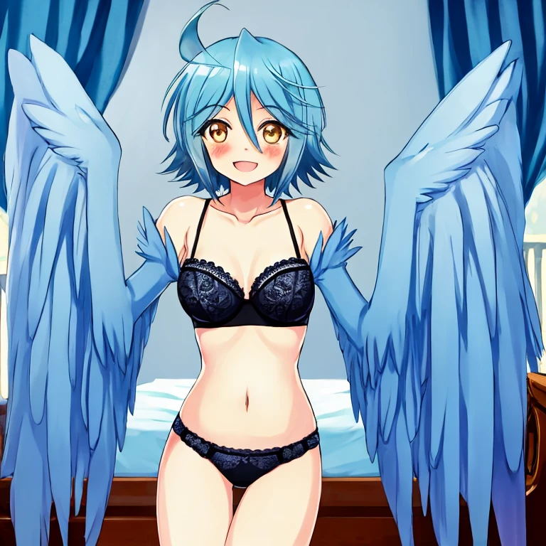 One girl、Blue-based idol costumes、There is fabric on the stomach area、The costume is missing fabric from the chest area、The crotch area of the costume is missing fabric、Wings、暗いWingsで立っている、Blushing、emotionless and dead-eyed、Blue Hair、Small breasts、Nipples、Pussy