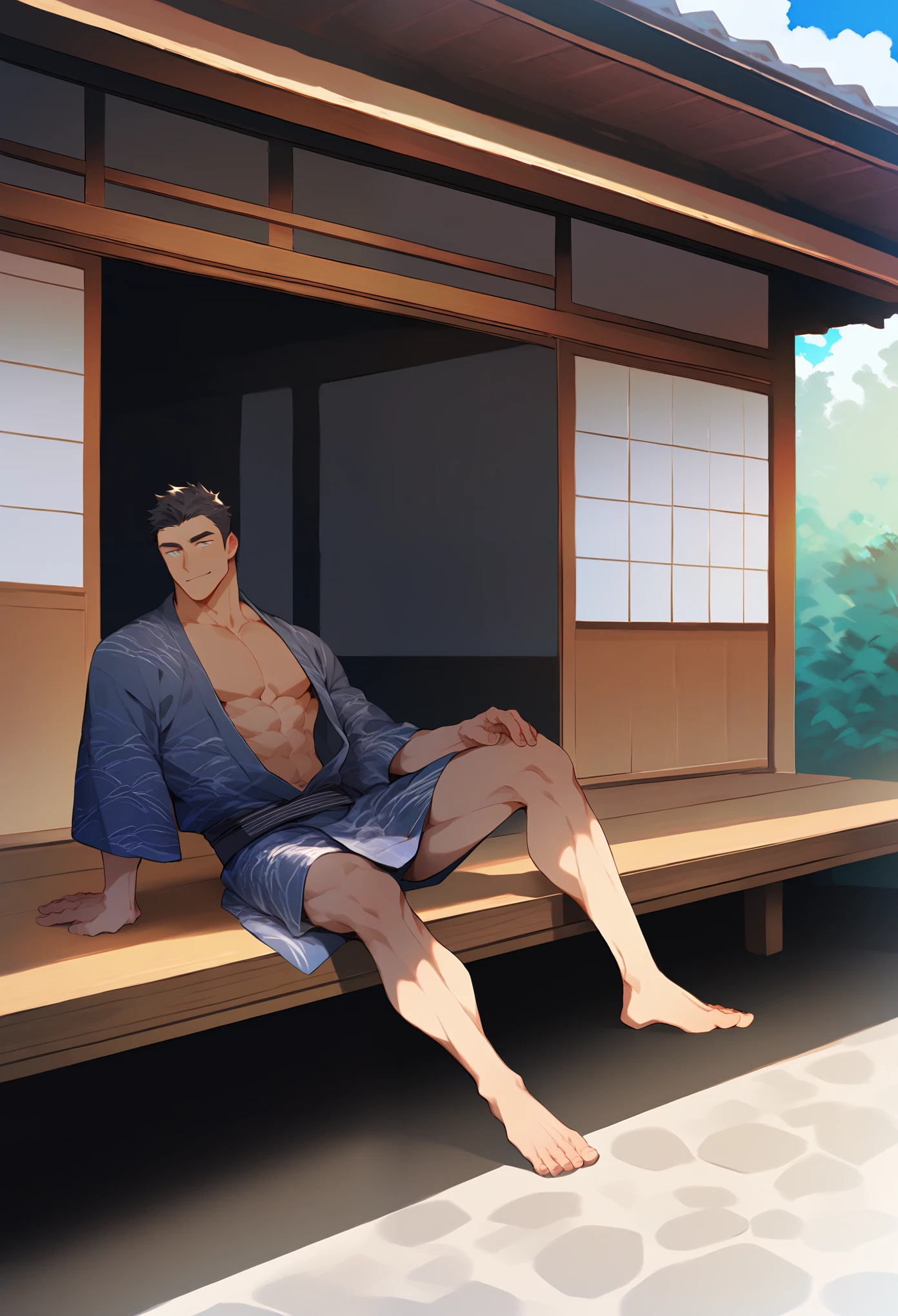 Japanese house, veranda, Japanese, man, yukata, sitting on veranda, summer, black hair, muscular, sexy