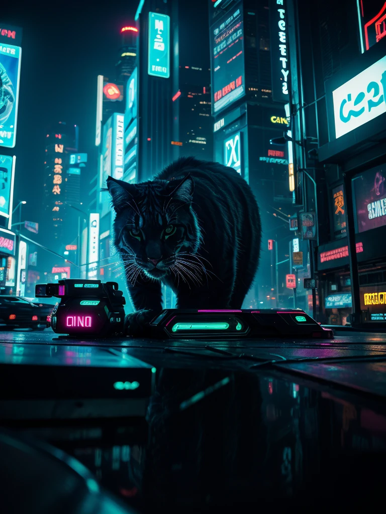 A close-up picture of a big cat in the futuristic cyberpunk neon tron world, cyberpunk city landscape, detailed intricate architecture, glowing neon lights, dramatic lighting, moody atmosphere, cinematic composition, vibrant colors, 8k, photorealistic, masterpiece, hyper detailed, intricate details
