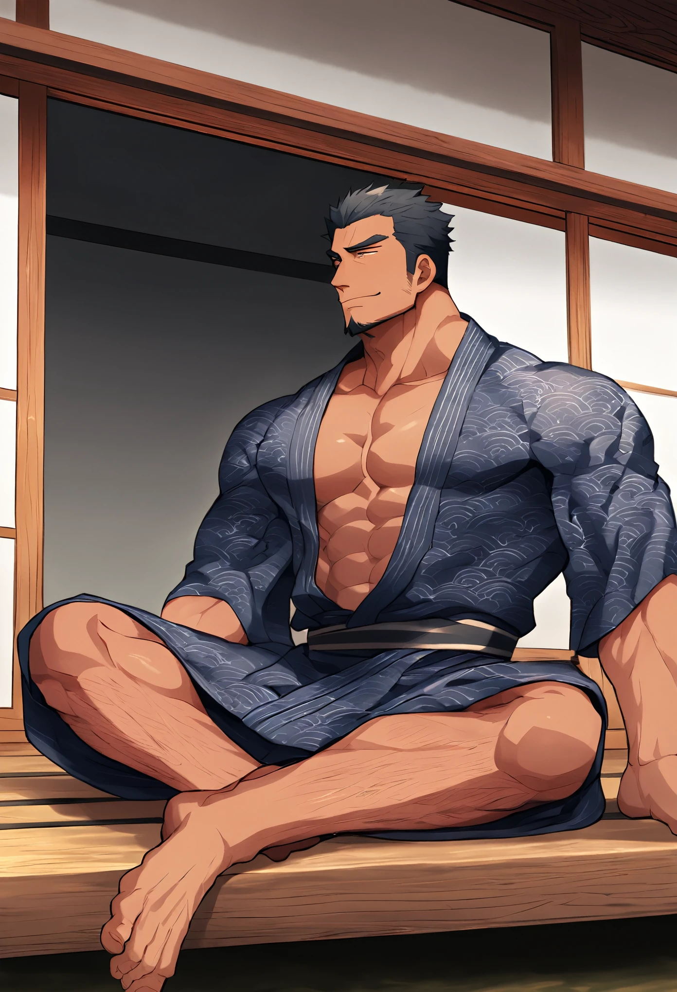 Japanese house, veranda, Japanese, two men, yukata, sitting on veranda, summer, black hair, muscular, sexy, muscle focus