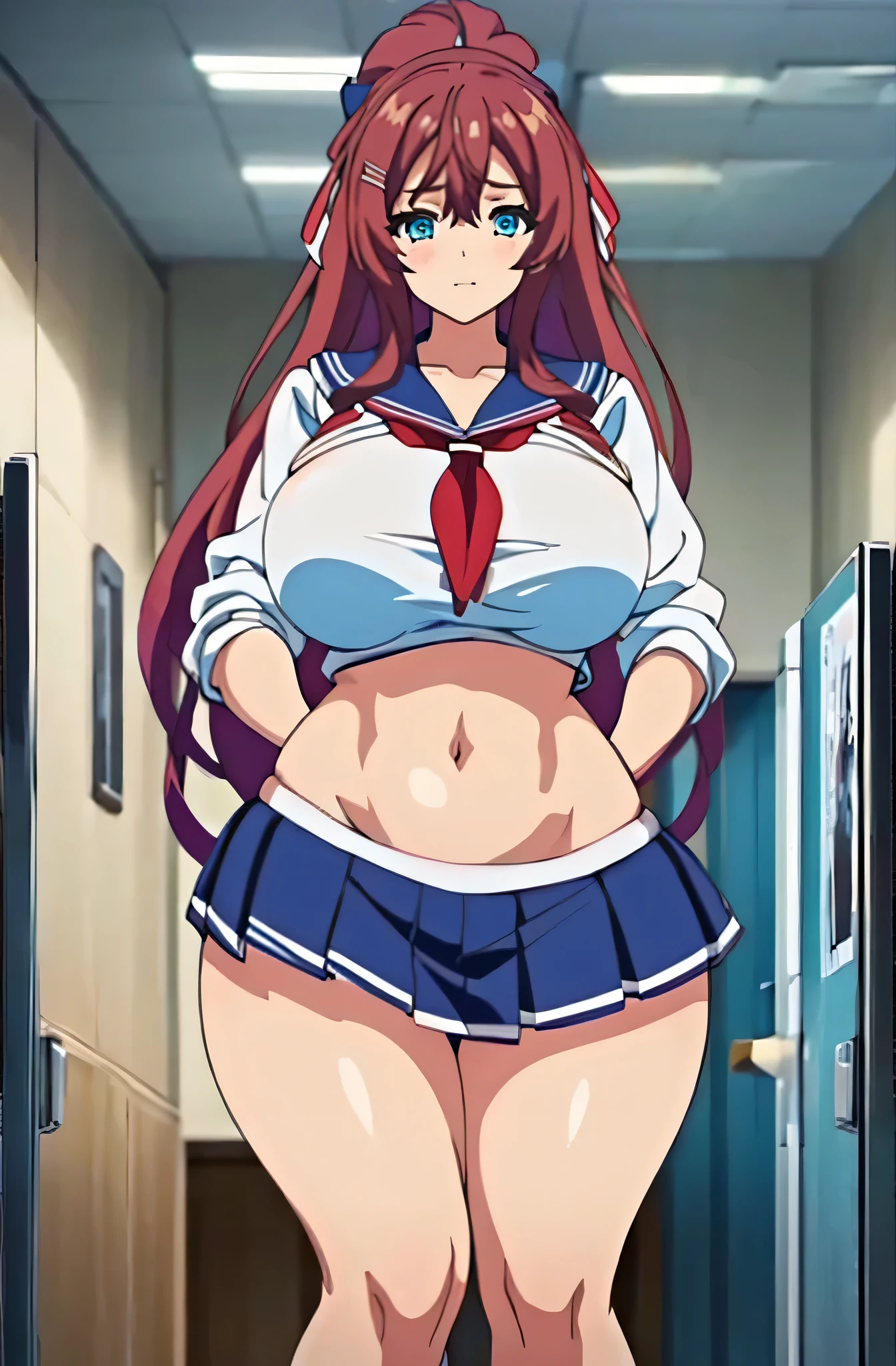 High school girl wearing a thick miniskirt and sailor suit in the health room, massive breasts, stockings