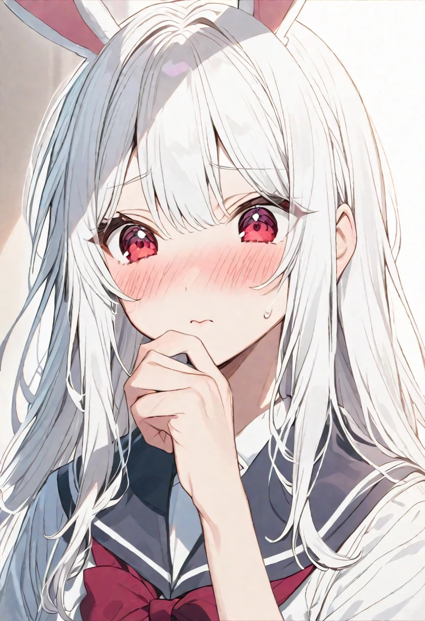 Anime girl with white hair and bunny ears, Red eyes, Shy blush, school uniform