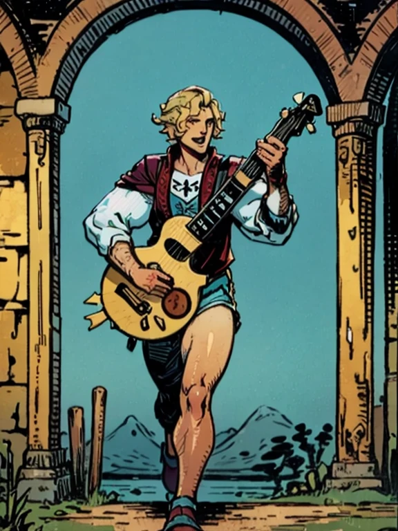 a muscle bard Walking on the path while singing and playing his lute, sfw, muscle bard, blonde, short haircut, singing, playing lute, bard costume, medieval engraving, high resolution, high quality, masterpiece.