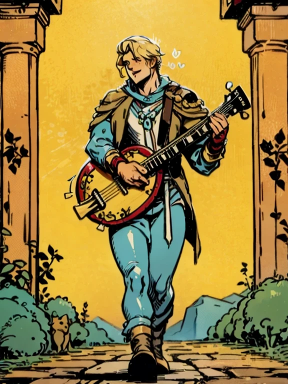 a muscle bard Walking on the path while singing and playing his lute, sfw, muscle bard, blonde, short haircut, singing, playing lute, bard costume, medieval engraving, high resolution, high quality, masterpiece.