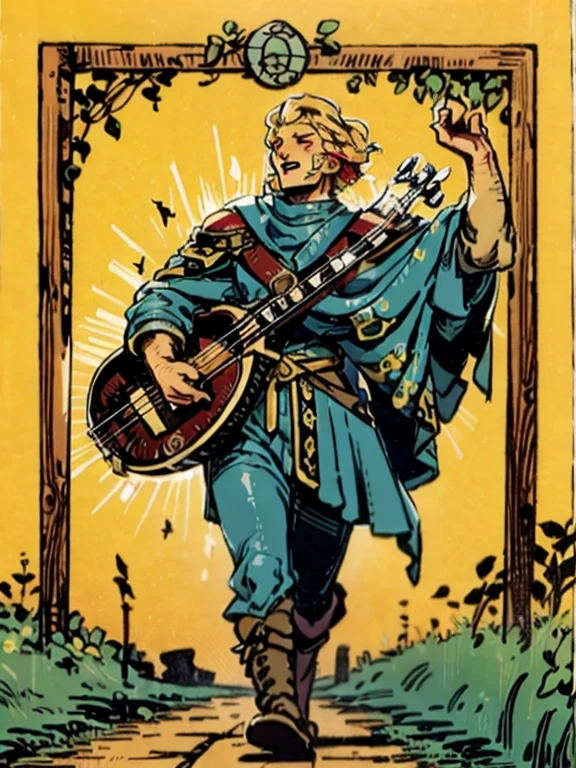 a muscle bard Walking on the path while singing and playing his lute, sfw, muscle bard, blonde, short haircut, singing, playing lute, bard costume, medieval engraving, high resolution, high quality, masterpiece.