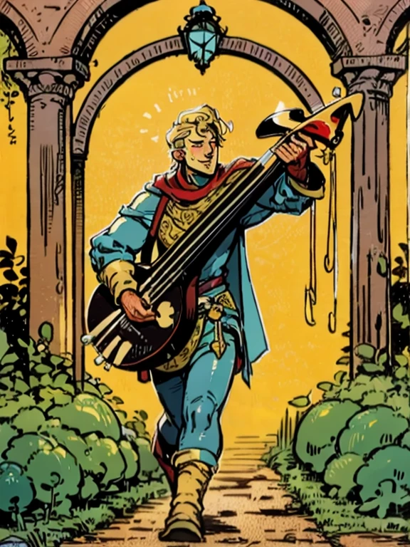 a muscle bard Walking on the path while singing and playing his lute, sfw, muscle bard, blonde, short haircut, singing, playing lute, bard costume, medieval engraving, high resolution, high quality, masterpiece.