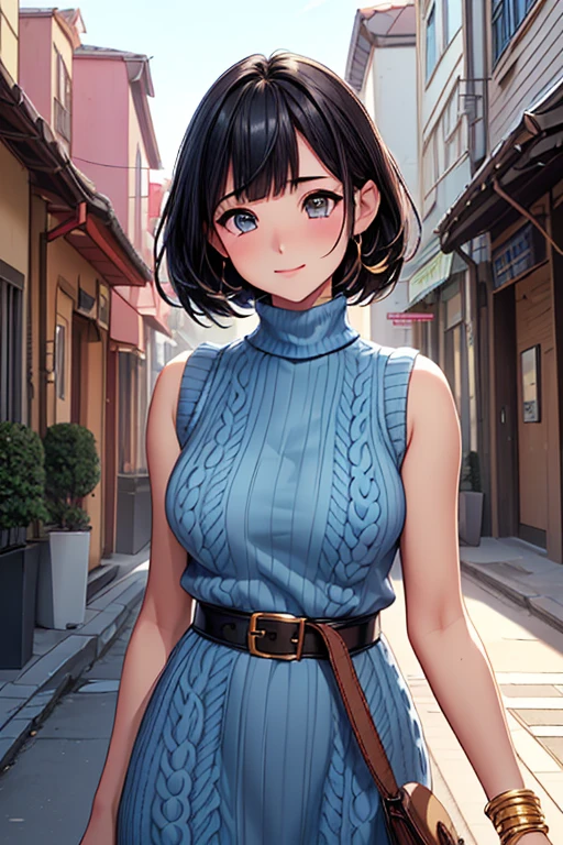 <lora:WaistSweat5-10:0.6>, waist sweater dress, large breasts, outdoors, lips, bob cut, smile, mountain, hairband, black hair, blue eyes