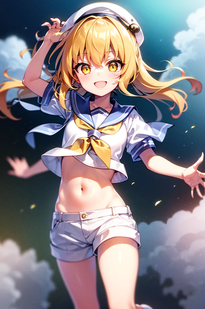 Twin-tailed golden-haired girl in sailor suit, Visible navel, Wear a hat and pants.a drawing of an anime character, clean line drawings, ultra cute girl, ultra cute face, ultra detailed eyes, ultra detailed hair, ultra cute, ultra beautiful, ((high end)), (UHD picture), (best quality,4k,8k,highres,masterpiece:1.2), top-quality(​masterpiece), top-quality, ultra-detailed, highly detailed texture, intricate details, high quality textures, masterpiece, best quality, perfect quality, perfect anatomy, perfect body, perfect symmetrical face, perfect hands, perfect feet, (two arms:1.2), (two legs:1.2), (five fingers each:1.2), (perfect joint:1.2), perfect joint movement, precise fingers and hands, 1 beautiful girl, 1 girl, alone, solo, , , (((loli))), ((childish)), (Best Quality, hight resolution), extremely detailed and lifelike, Vibrant colors, simple background, white socks, blonde hair, hat, blue sailor collar, twintails, sailor collar, sailor hat, yellow eyes, marine costume, short sleeves, shirt, blue neckerchief, white headwear, sailor, white shirt, white shorts, neckerchief, smile, Chiyuri