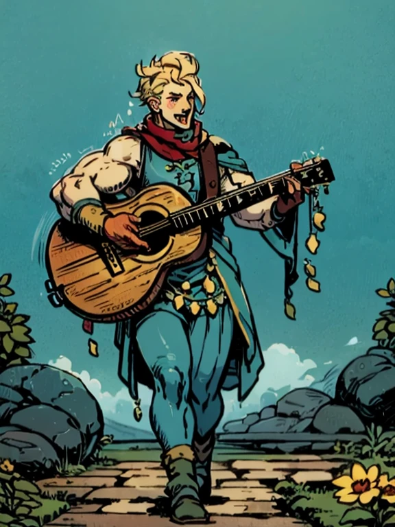 a muscle bard Walking on the path while singing and playing his lute, sfw, muscle bard, blonde, short haircut, singing, playing lute, bard green costume, manly, beaded, green bycocket with red feather, medieval engraving, high resolution, high quality, masterpiece