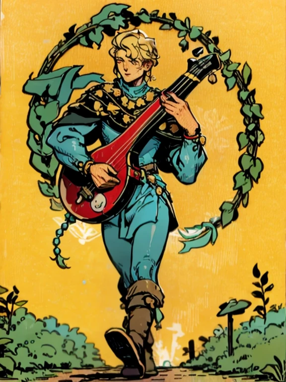 a muscle bard Walking on the path while singing and playing his lute, sfw, muscle bard, blonde, short haircut, singing, playing lute, bard green costume, manly, beaded, green bycocket with red feather, medieval engraving, high resolution, high quality, masterpiece