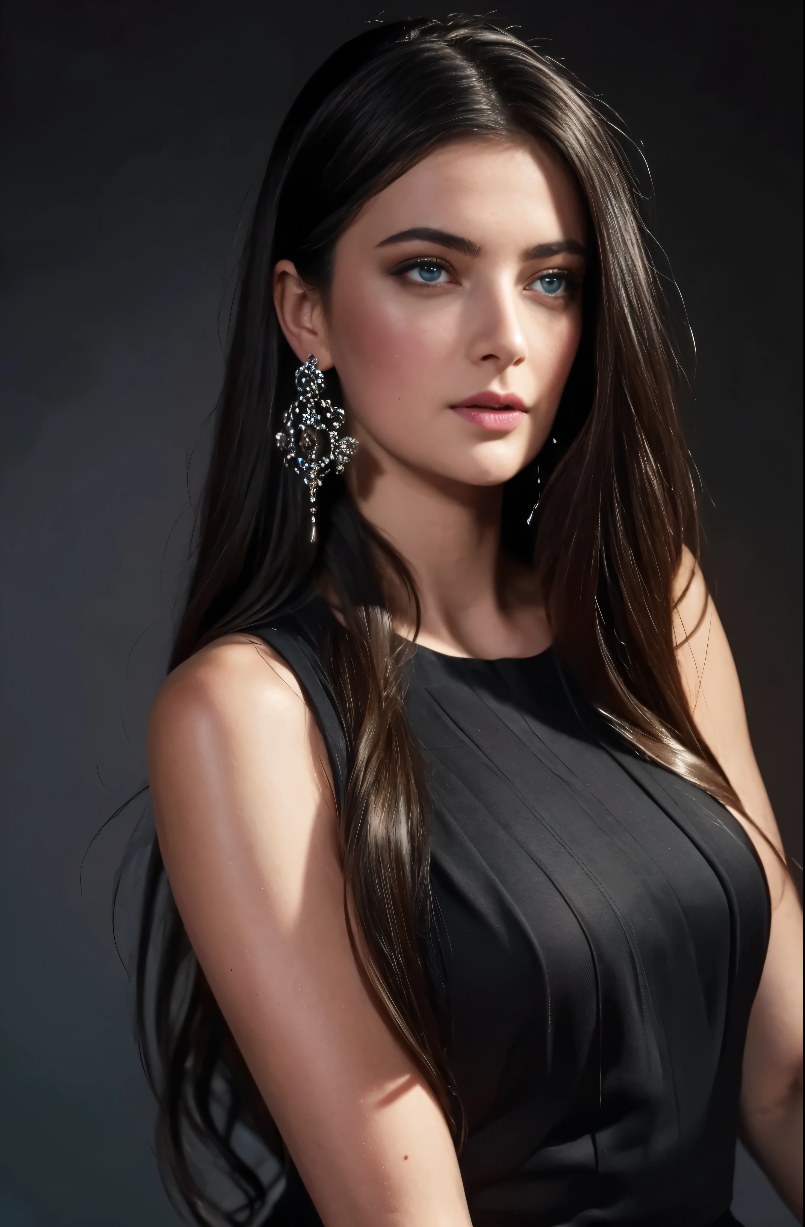 Beautiful woman with medium breasts, professional photograph, dark background, light clothing, detailed face, beautiful eyes, detailed lips, long eyelashes, photorealistic, 8k, high quality, masterpiece, cinematic lighting, dramatic lighting, dramatic shadows, vibrant colors, ethereal, elegant, serene, long black hair, wearing sleeveless dress, perfect blue eyes, looking at viewer