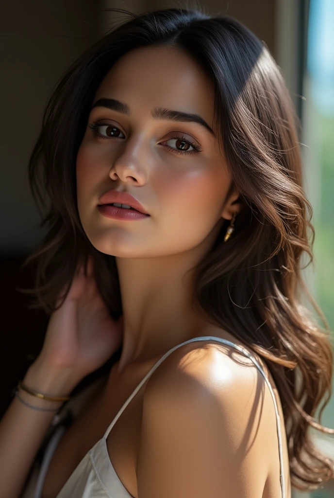 8k, high resolution, detailed portrait of a 20-year-old woman, beautiful girl with long brown hair, detailed facial features, realistic skin texture, beautiful eyes, full lips, neatly styled hair, intricate details, indoor setting, natural lighting, elegant and graceful pose, looking at the viewer, photorealistic, masterpiece, cinematic lighting, warm color tones, chiaroscuro lighting, oil painting style