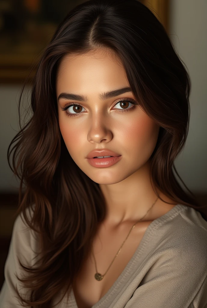 8k, high resolution, detailed portrait of a 20-year-old woman, beautiful girl with long brown hair, detailed facial features, realistic skin texture, beautiful eyes, full lips, neatly styled hair, intricate details, indoor setting, natural lighting, elegant and graceful pose, looking at the viewer, photorealistic, masterpiece, cinematic lighting, warm color tones, chiaroscuro lighting, oil painting style