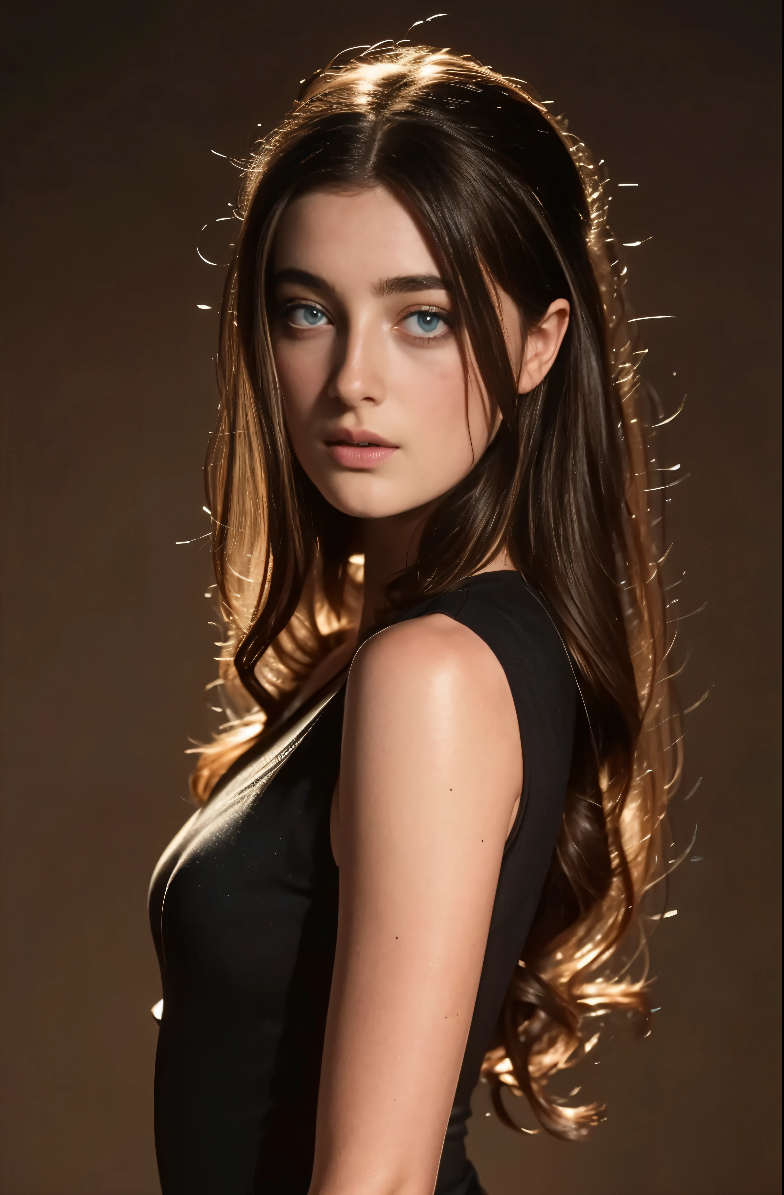 Millie Brady with small breasts, professional photograph, dark background, light clothing, detailed face, beautiful eyes, detailed lips, long eyelashes, photorealistic, 8k, high quality, masterpiece, cinematic lighting, dramatic lighting, dramatic shadows, vibrant colors, ethereal, elegant, serene, long black hair, wearing sleeveless dress, perfect blue eyes, looking at viewer