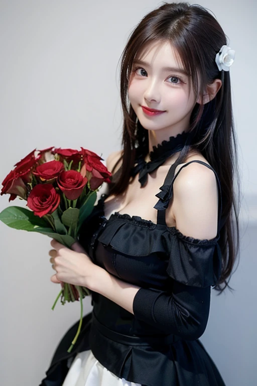 masterpiece, Best Quality, One girl, Alone, length_hair, Watching_in_Viewers, white hair, Red eyes, smile, 前hair, skirt, shirt, length_sleeves, hin, dress, bow, holding, closure_mouth, flower, frills, hair_flower, petal, bouquet, holding_flower, center_frills, bonnet, holding_bouquet, Character portrait, whole body, White background,  ２２age、Big Breasts